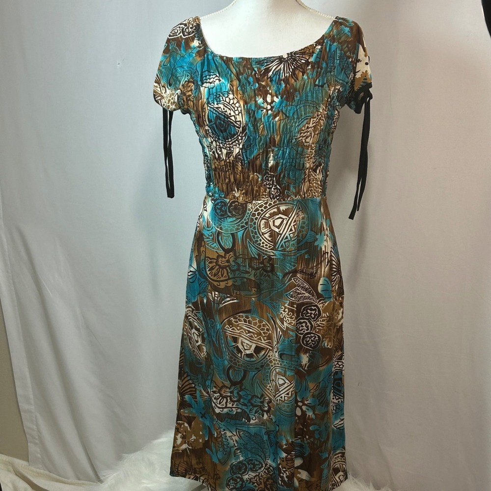Sona Teal Brown Ethnic Midi Dress Women's One Size Short Sleeve Shirred‎